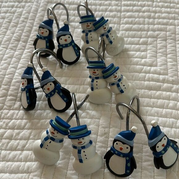 Holiday Shower Curtain Hooks Penguins Snowmen Set of 12 - Picture 2 of 8